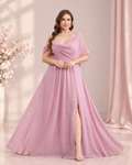 Plus Size Chiffon One-Shoulder Flutter Cape Cowl Neck A-Line Gown with High Slit XU00173 - Vintage Mauve Front View