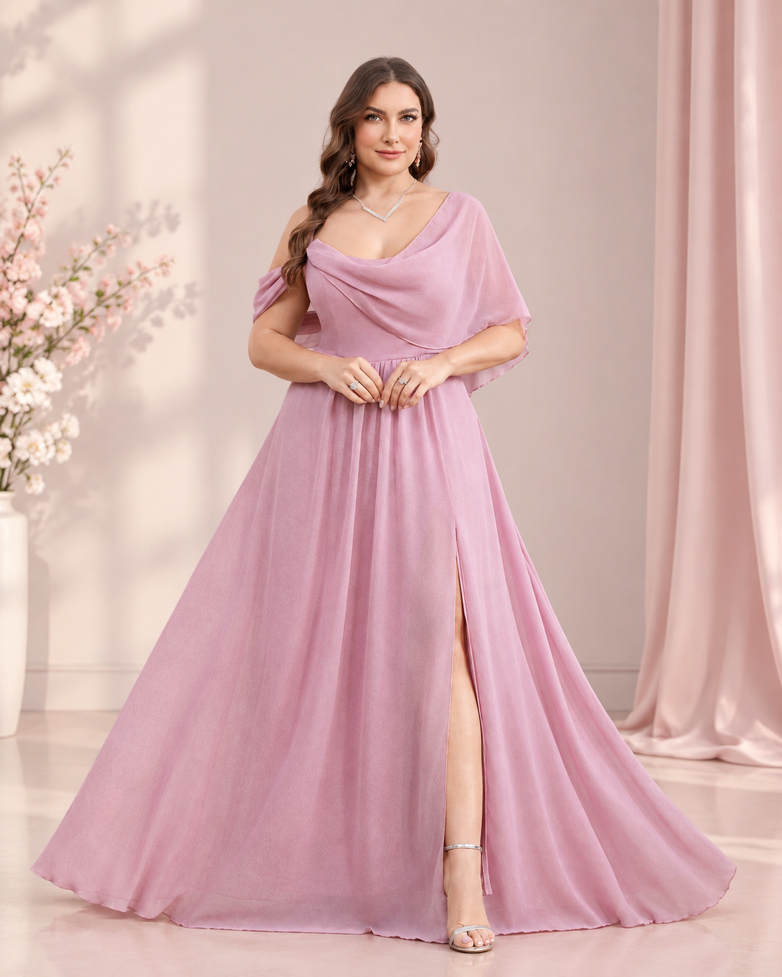 Plus Size Chiffon One-Shoulder Flutter Cape Cowl Neck A-Line Gown with High Slit XU00173 - Vintage Mauve Front View