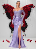 Satin Off-Shoulder Crystal Mesh Sleeve Lace-Up Mermaid Evening Gown XU00167 - Lilac Front View