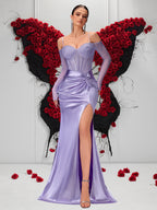 Satin Off-Shoulder Crystal Mesh Sleeve Lace-Up Mermaid Evening Gown XU00167 - Lilac Front View