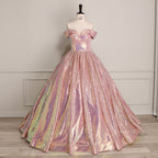XU00133 Sweetheart Off-Shoulder Iridescent Rainbow Sequin Ball Gown - Bodice Front - Iridescent