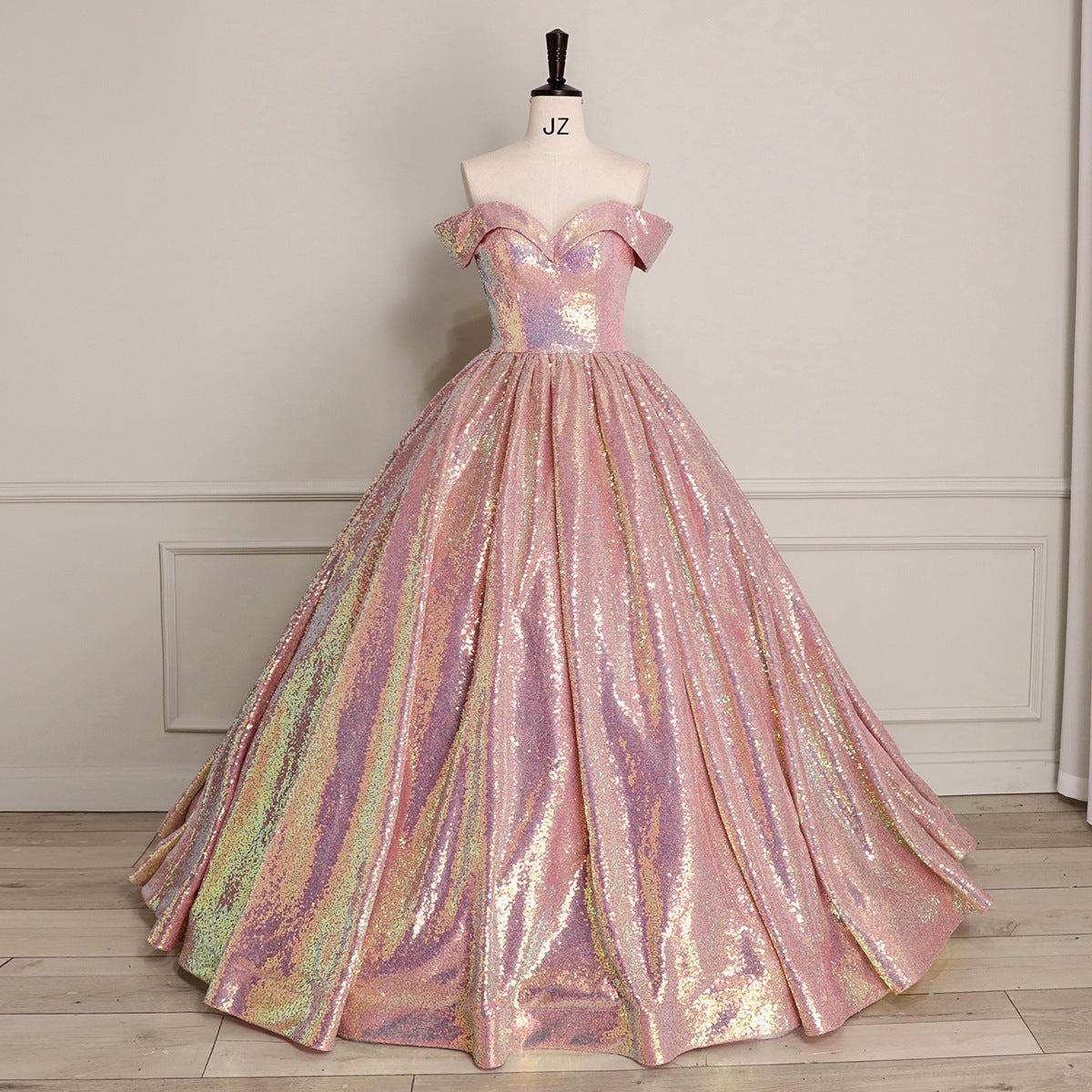 XU00133 Sweetheart Off-Shoulder Iridescent Rainbow Sequin Ball Gown - Bodice Front - Iridescent