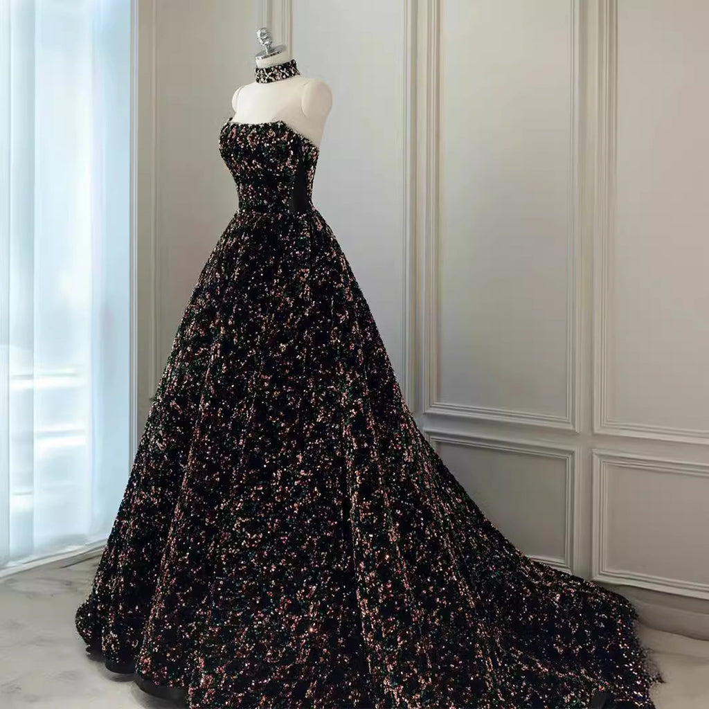 XU00134 Strapless Sweetheart Black Multi-Color Sequin Ball Gown Sweep Train - Side Full - Multi