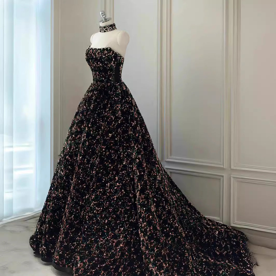 XU00134 Strapless Sweetheart Black Multi-Color Sequin Ball Gown Sweep Train - Side Full - Multi