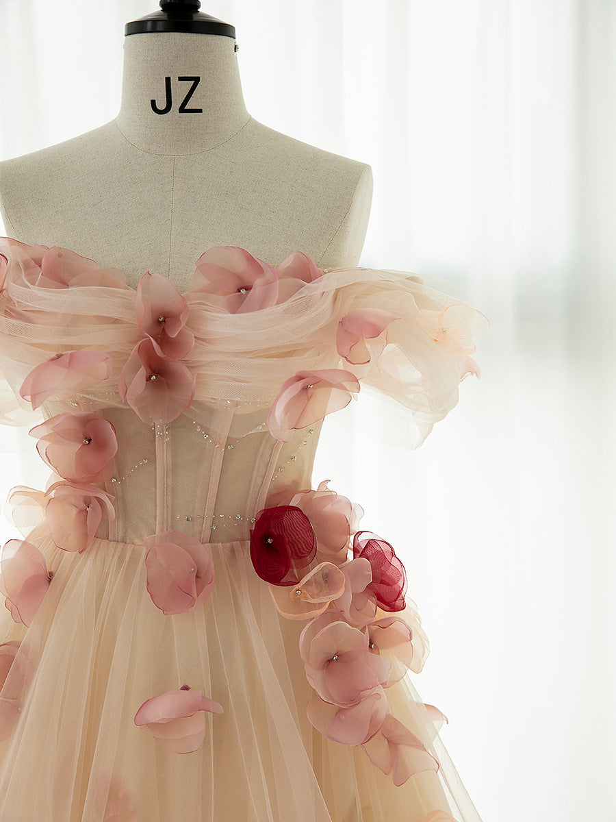 Champagne Tulle 3D Floral Evening Gown - Bodice Detail Beadwork
