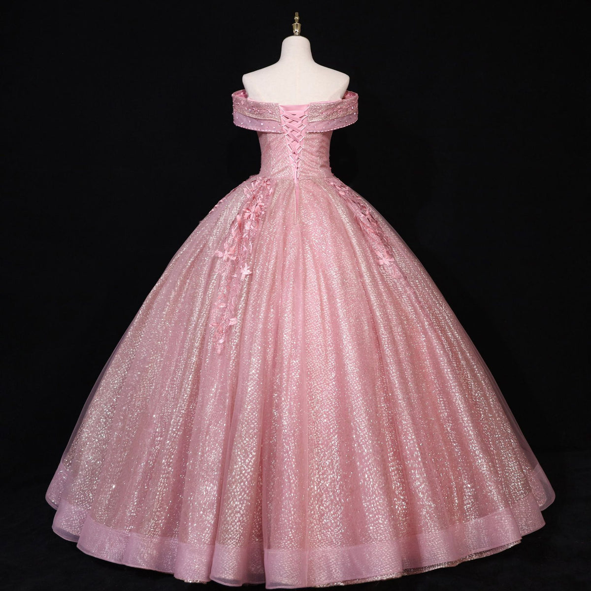 Pink Glitter Sequin Ball Gown with 3D Floral Appliqués - Back View Lace-Up