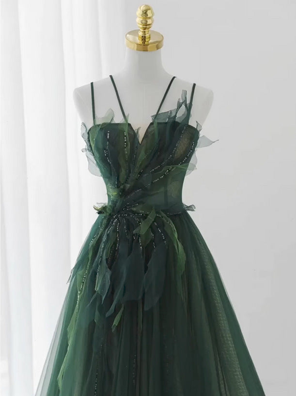 Dark Green Tulle Spaghetti Strap Leaf Appliqué Evening Gown - Bodice Detail