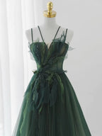 Dark Green Tulle Spaghetti Strap Leaf Appliqué Evening Gown - Bodice Detail