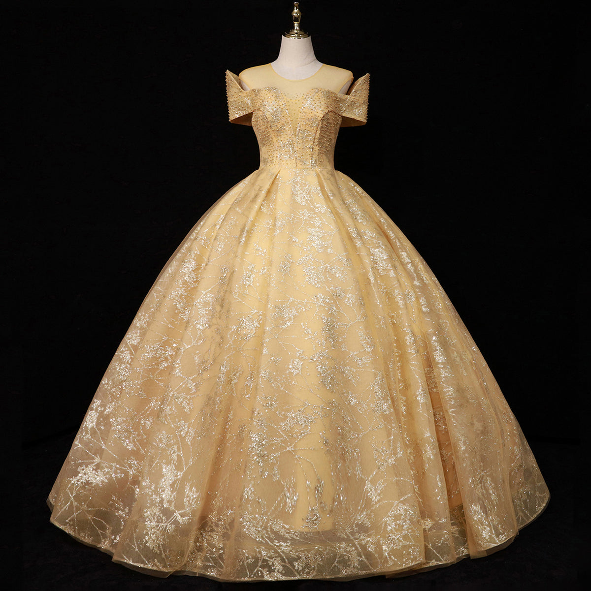 Champagne Beaded Off-Shoulder Glitter Tulle Ball Gown - Front View Mannequin