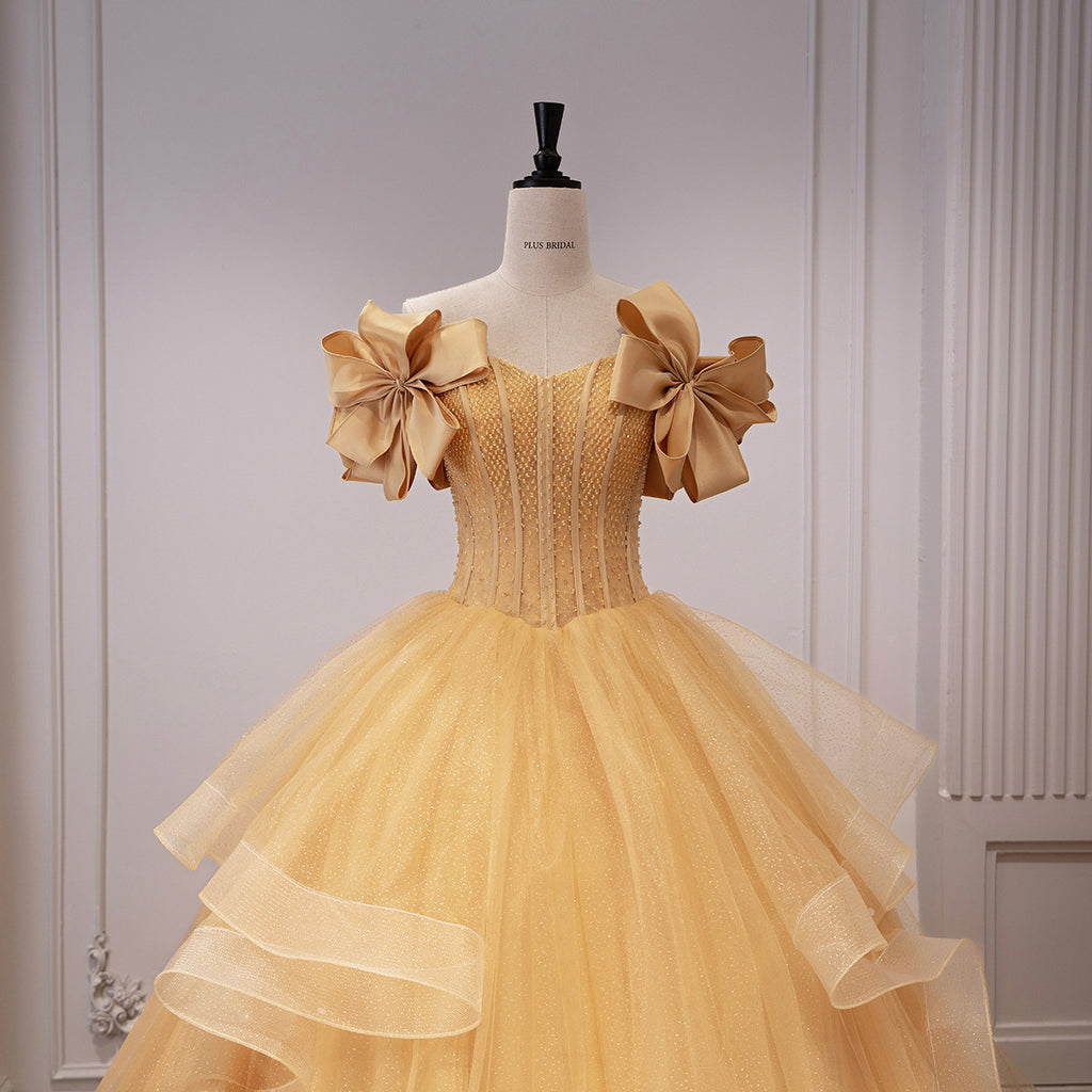 Yellow Glitter Tulle Off-Shoulder Bow Sleeves Ball Gown - Front View Mannequin