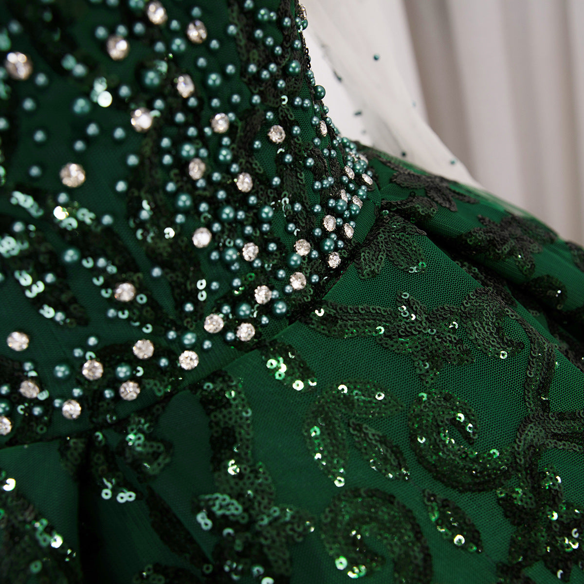 Emerald Green Beaded Bodice Sequin Detail Close-up
