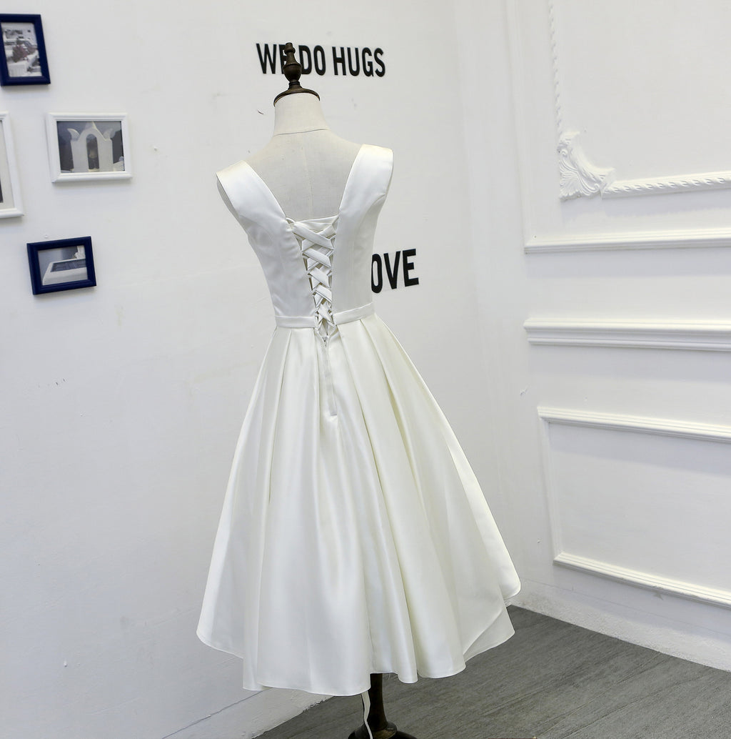 Ivory Satin V-Neck A-Line Tea-Length Bridesmaid Dress - Back View Lace-Up