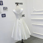 Ivory Satin V-Neck A-Line Tea-Length Bridesmaid Dress - Back View Lace-Up