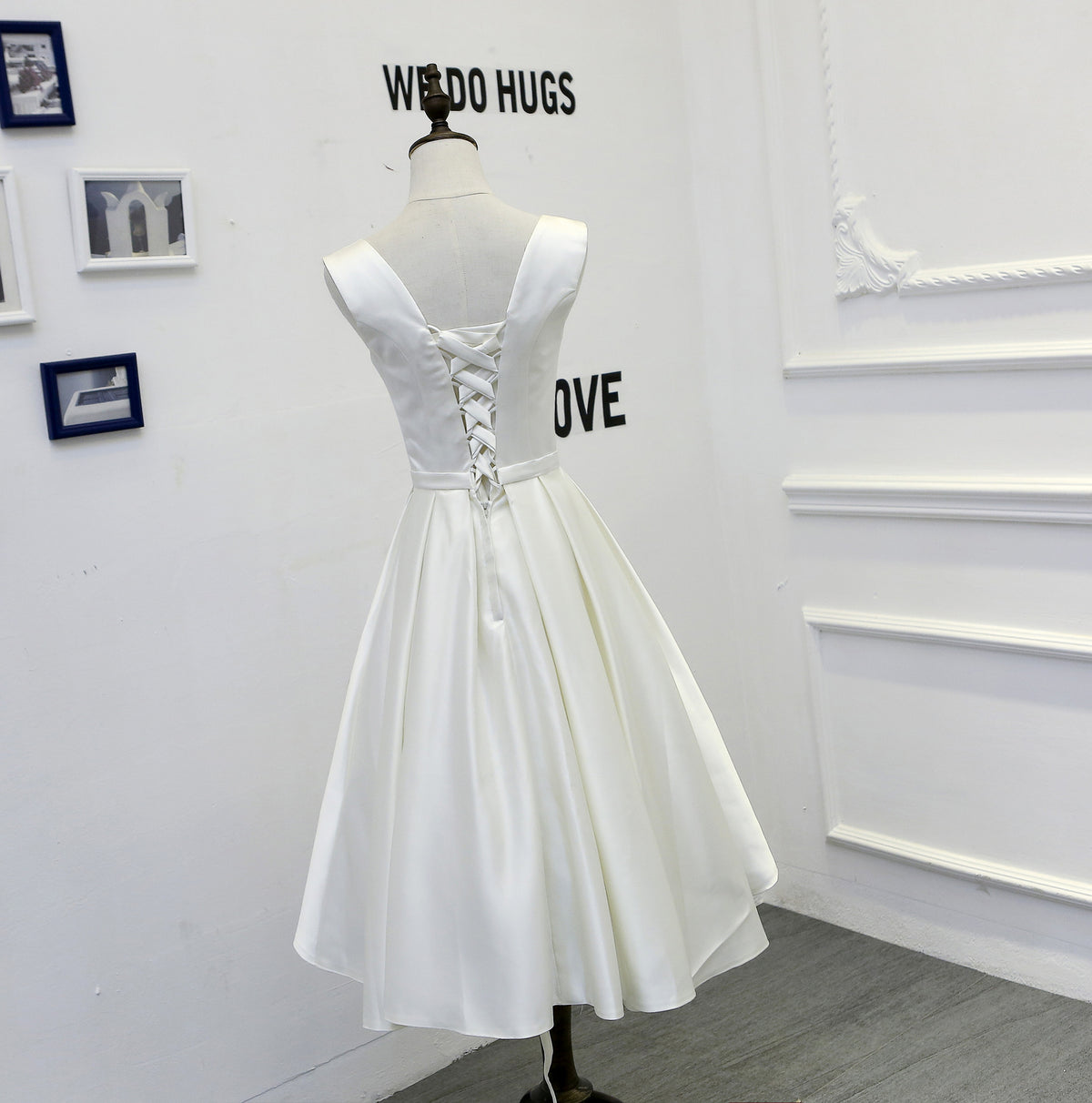 Ivory Satin V-Neck A-Line Tea-Length Bridesmaid Dress - Back View Lace-Up