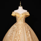 Gold Glitter Sequin Ball Gown with 3D Floral Appliqués - Bodice Detail