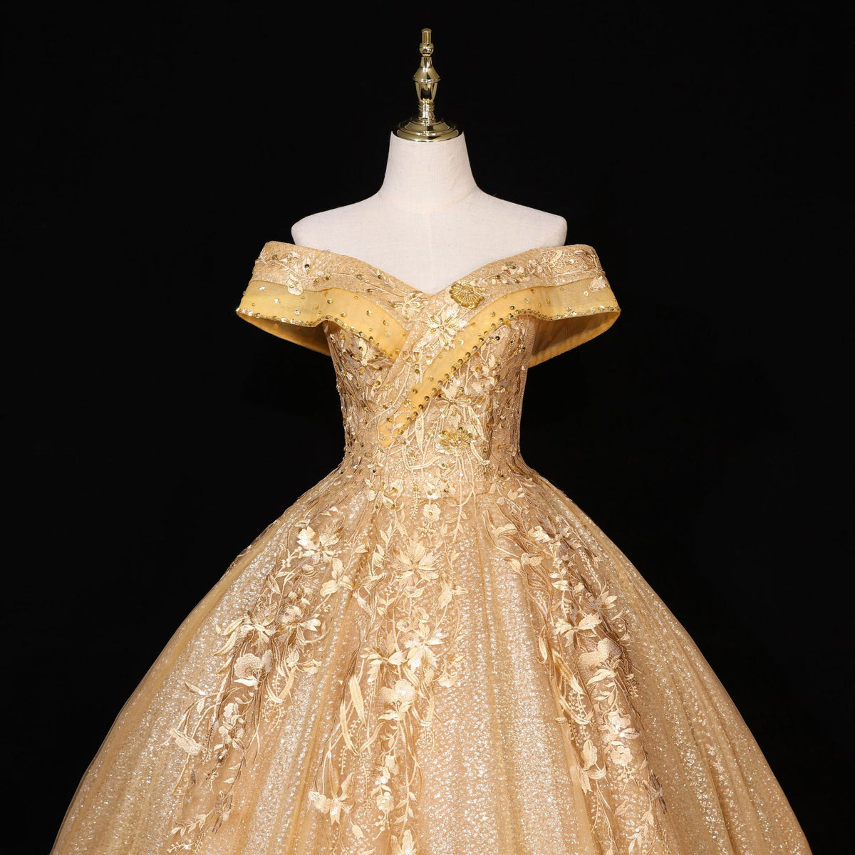 Gold Glitter Sequin Ball Gown with 3D Floral Appliqués - Bodice Detail