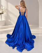 Square Neck Sleeveless Satin A-Line Floor-Length Bridesmaid Dress with Crisscross Lace-Up Back and Sweep Train - Royal Blue, Back