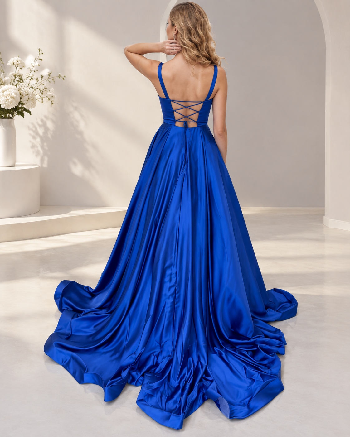 Square Neck Sleeveless Satin A-Line Floor-Length Bridesmaid Dress with Crisscross Lace-Up Back and Sweep Train - Royal Blue, Back