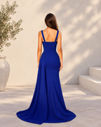 Royal Blue Wide Strap Sweetheart Ruched Satin A-Line Floor-Length Evening Gown with High Slit and Sweep Train XU00162 - Royal Blue Back View