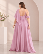 Plus Size Chiffon One-Shoulder Flutter Cape Cowl Neck A-Line Gown with High Slit XU00173 - Vintage Mauve Back View