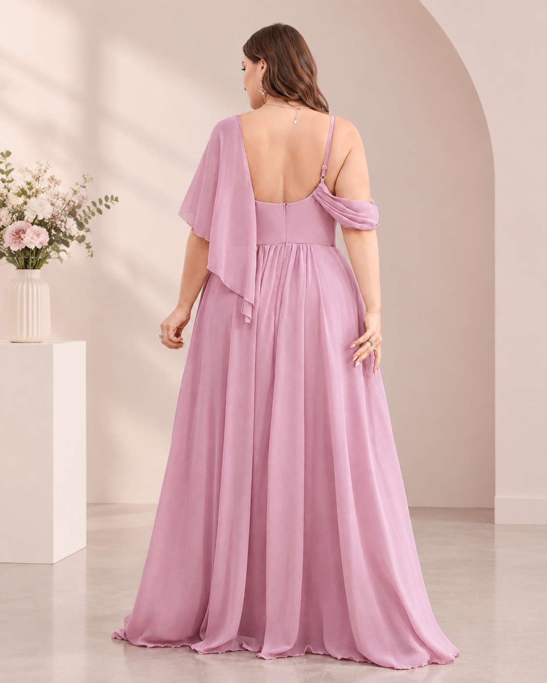 Plus Size Chiffon One-Shoulder Flutter Cape Cowl Neck A-Line Gown with High Slit XU00173 - Vintage Mauve Back View