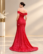 Off-the-Shoulder Sweetheart Neckline Sequins Beaded Mermaid Floor-Length Evening Gown with High Slit and Sweep Train - Red, Back View