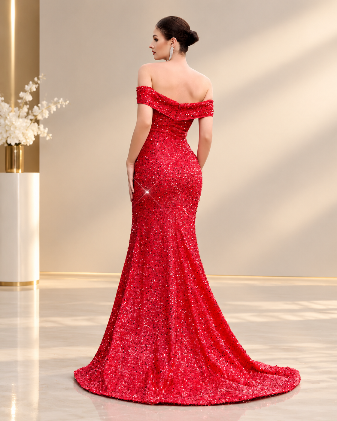 Off-the-Shoulder Sweetheart Neckline Sequins Beaded Mermaid Floor-Length Evening Gown with High Slit and Sweep Train - Red, Back View