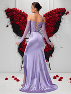 Satin Off-Shoulder Crystal Mesh Sleeve Lace-Up Mermaid Evening Gown XU00167 - Lilac Back View