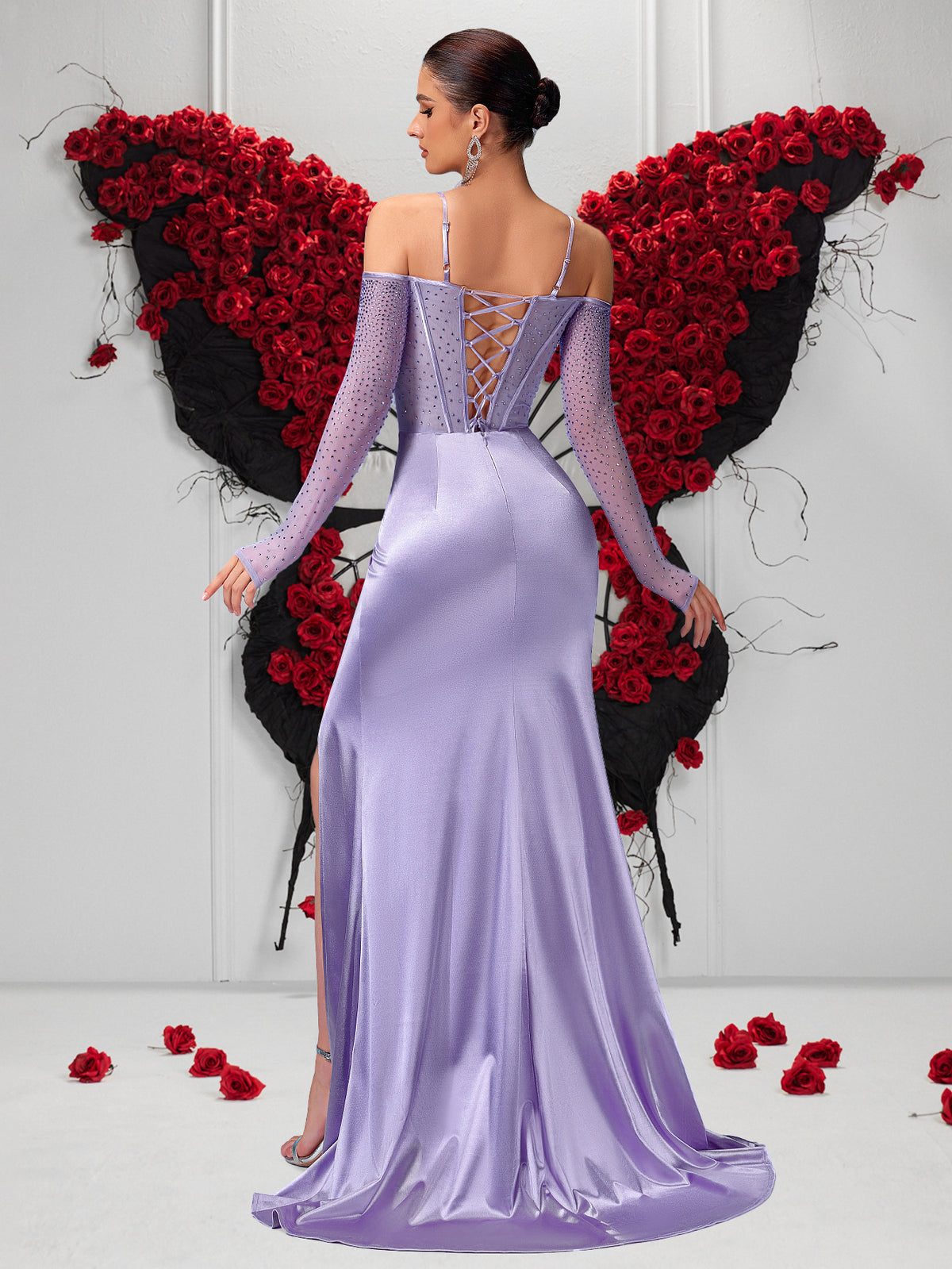 Satin Off-Shoulder Crystal Mesh Sleeve Lace-Up Mermaid Evening Gown XU00167 - Lilac Back View