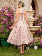 Rose Print Halter Neck Sweetheart Corset Lace-Up A-Line Midi Dress XU00169 - Blush Pink Back View
