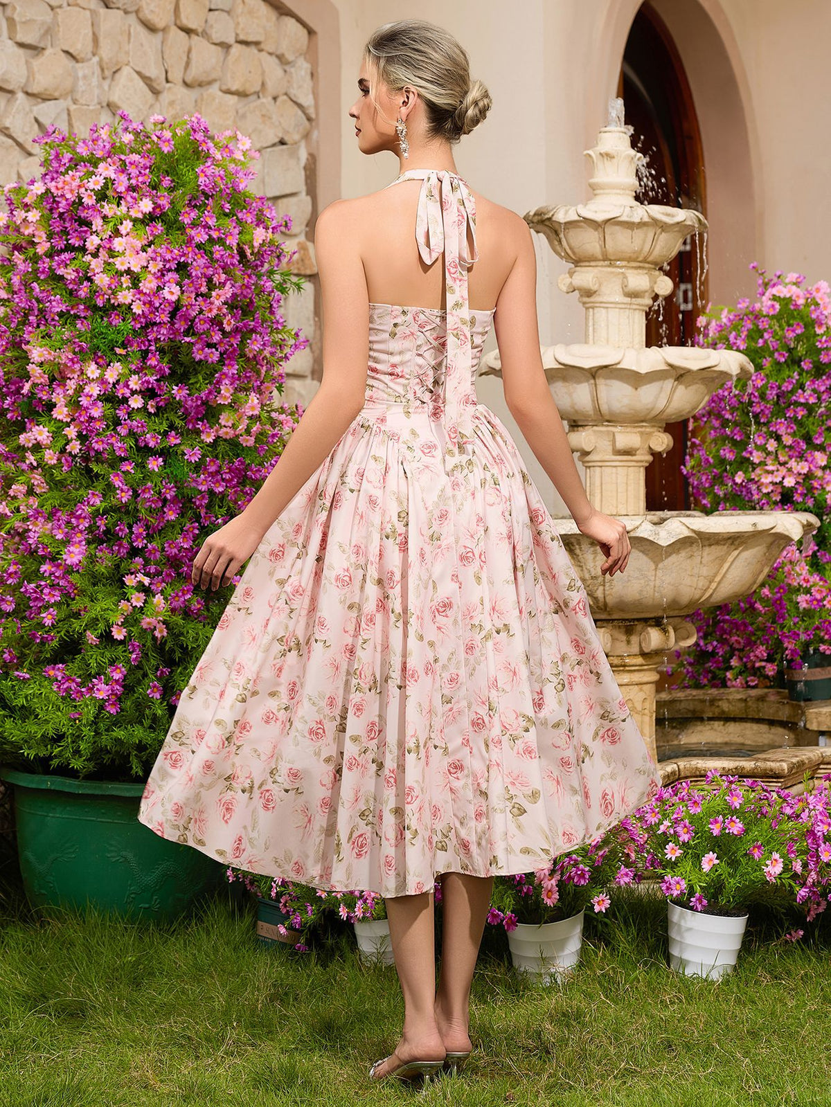 Rose Print Halter Neck Sweetheart Corset Lace-Up A-Line Midi Dress XU00169 - Blush Pink Back View