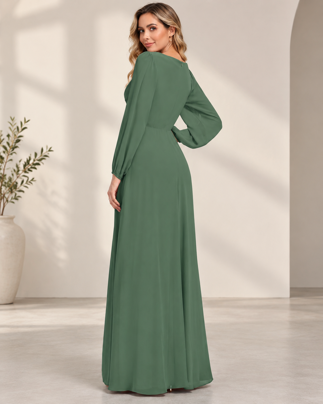 V-Neck Cold Shoulder Bishop Sleeve Ruched Bodice Beaded Lace Appliqués A-Line Floor-Length Chiffon Bridesmaid Dress - Sage Green, Back
