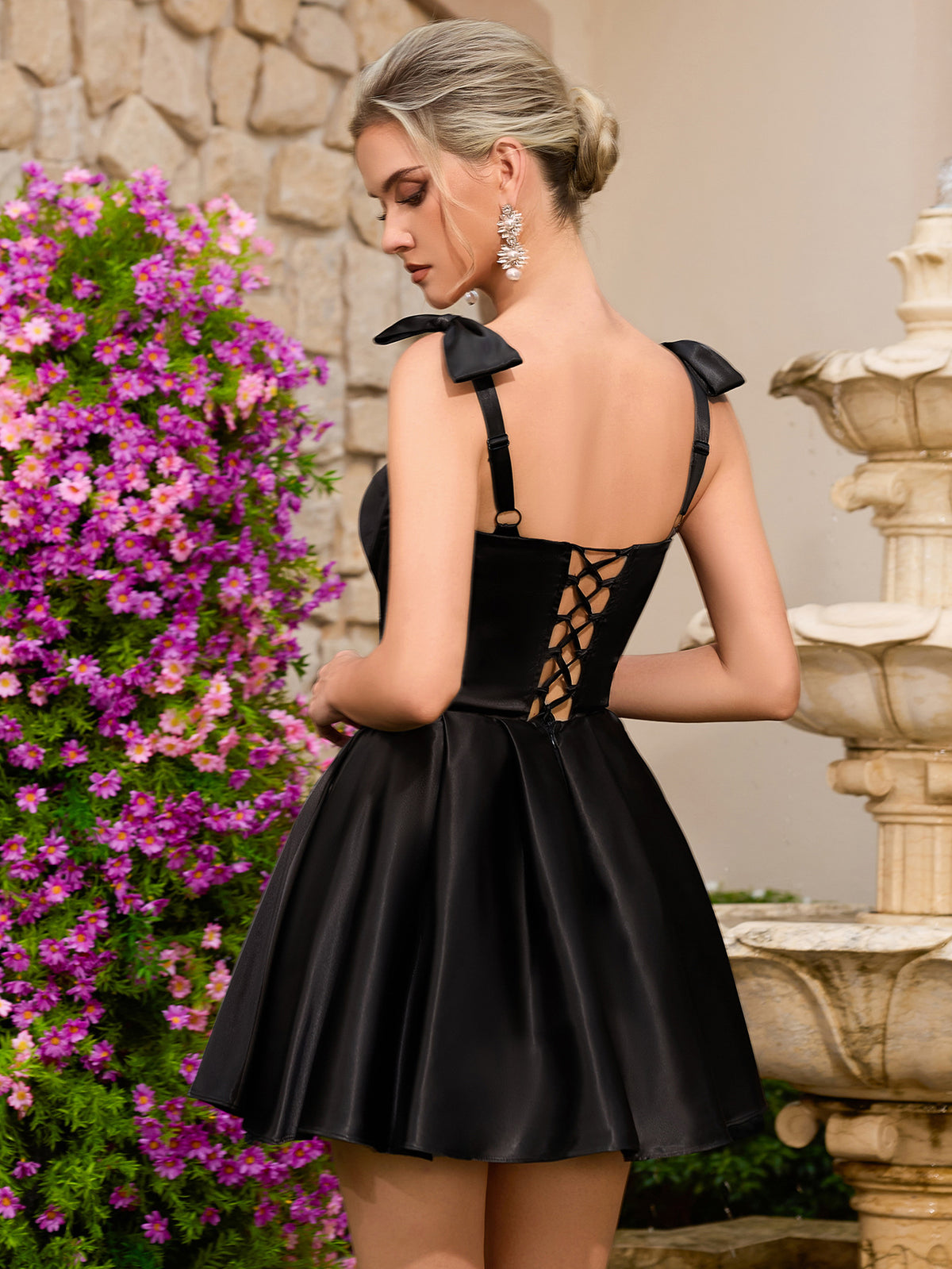 Satin Sweetheart Bow Strap Corset Lace-Up A-Line Mini Cocktail Dress XU00172 - Black Back View