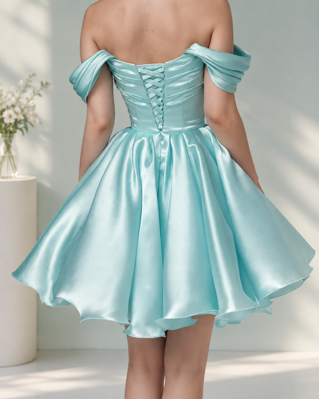 Satin Off-Shoulder Cap Sleeve Corset Lace-Up Mini Ball Gown Cocktail Dress XU00175 - Light Blue Back View