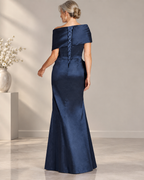 Off-Shoulder Boat Neck Short Sleeve Draped Ruched Bodice Side Bow Detail Lace-Up Back Sheath Floor-Length Satin Mother of the Bride Dress - Royal Blue, Back