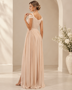 Square Neck Cold Shoulder Ruched Bodice Banded Waist High Slit A-Line Chiffon Floor-Length Bridesmaid Dress with V-Back - Champagne, Back