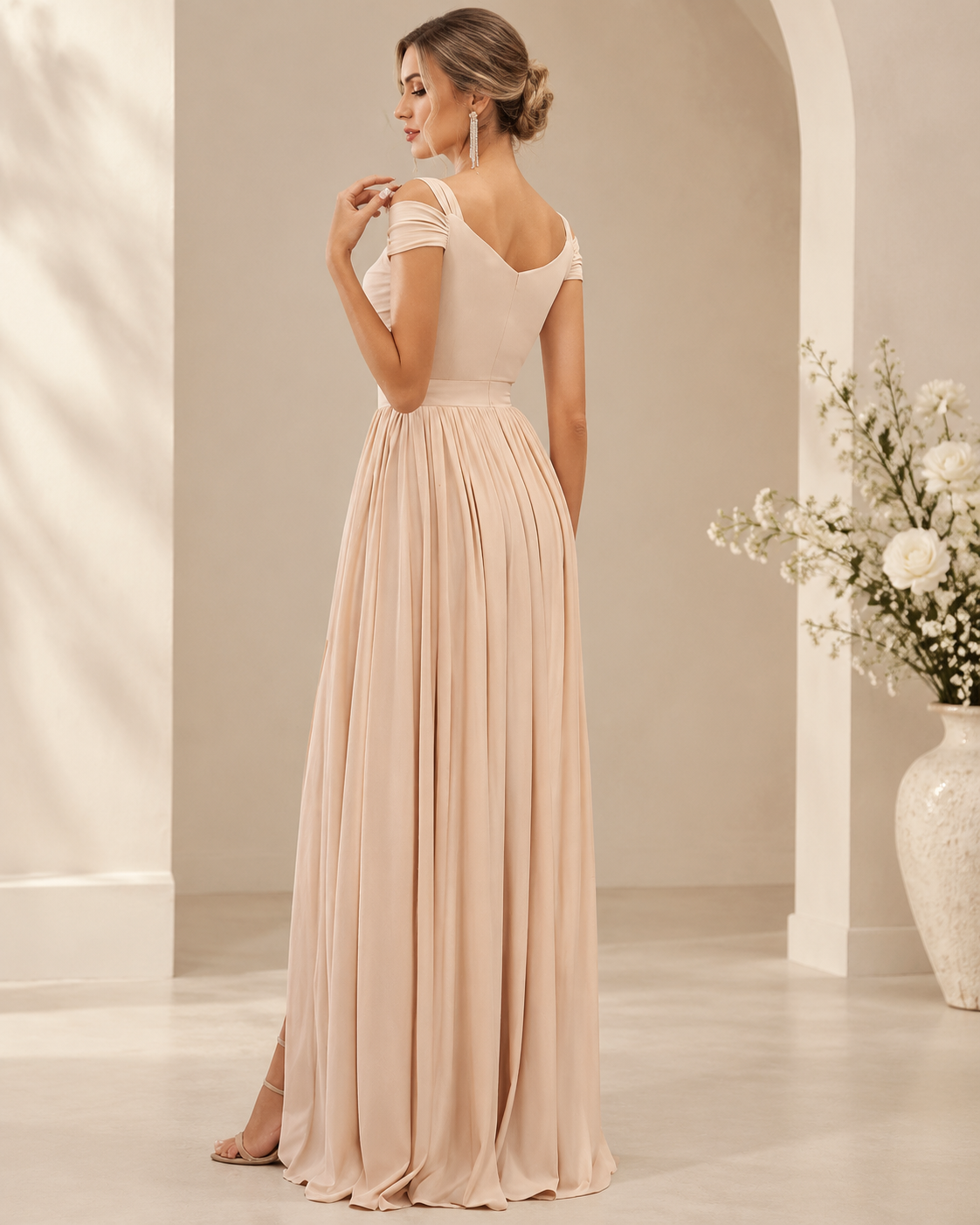Square Neck Cold Shoulder Ruched Bodice Banded Waist High Slit A-Line Chiffon Floor-Length Bridesmaid Dress with V-Back - Champagne, Back