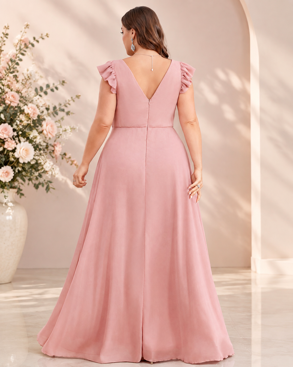 Chiffon V-Neck Flutter Cap Sleeve Empire Waist A-Line Floor-Length Bridesmaid Dress with Front Slit XU00177 - Blushing Pink Back View