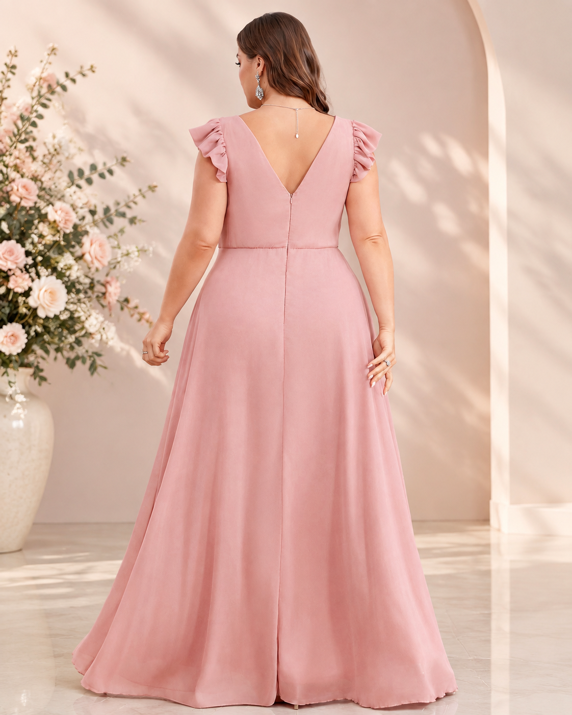 Chiffon V-Neck Flutter Cap Sleeve Empire Waist A-Line Floor-Length Bridesmaid Dress with Front Slit XU00177 - Blushing Pink Back View