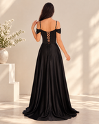 Satin Off-Shoulder Cowl Neck Corset Lace-Up A-Line Evening Gown XU00166 - Black Back View