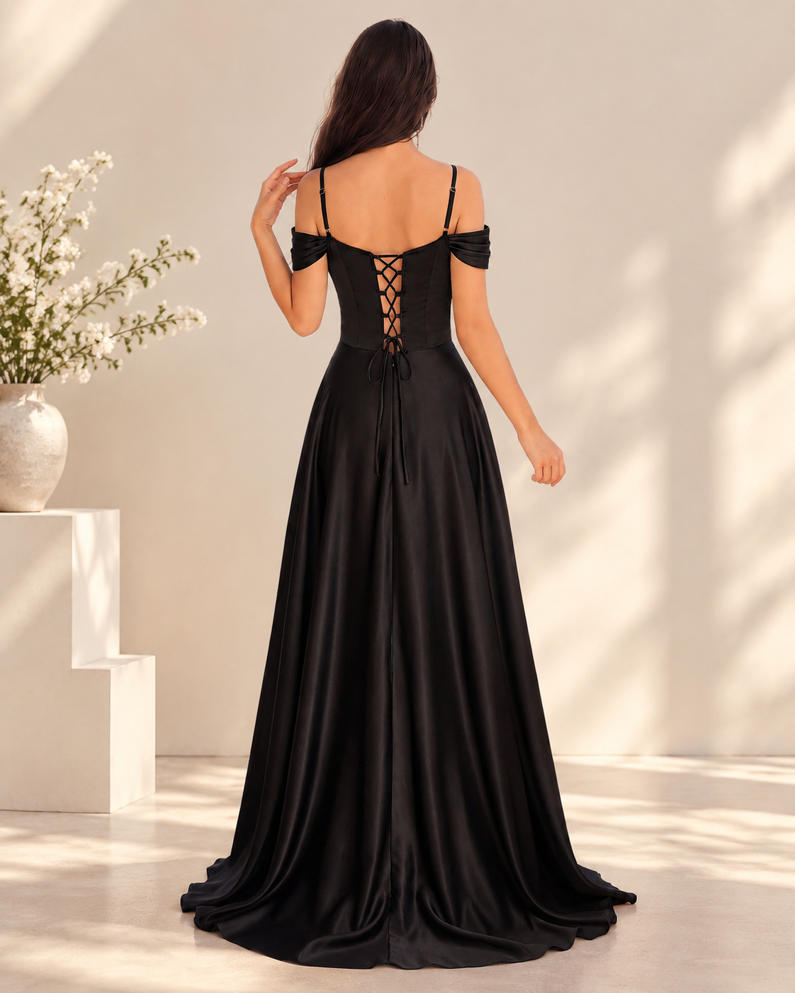 Satin Off-Shoulder Cowl Neck Corset Lace-Up A-Line Evening Gown XU00166 - Black Back View
