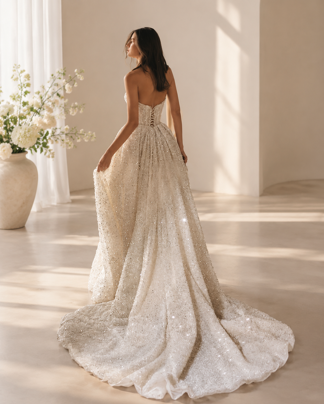 Sweetheart Strapless 3D Floral Lace Sequins Beaded Corset Bodice A-Line Ball Gown Wedding Dress with High Slit and Long Train - Ivory, Lace-Up Corset Back and Long Train