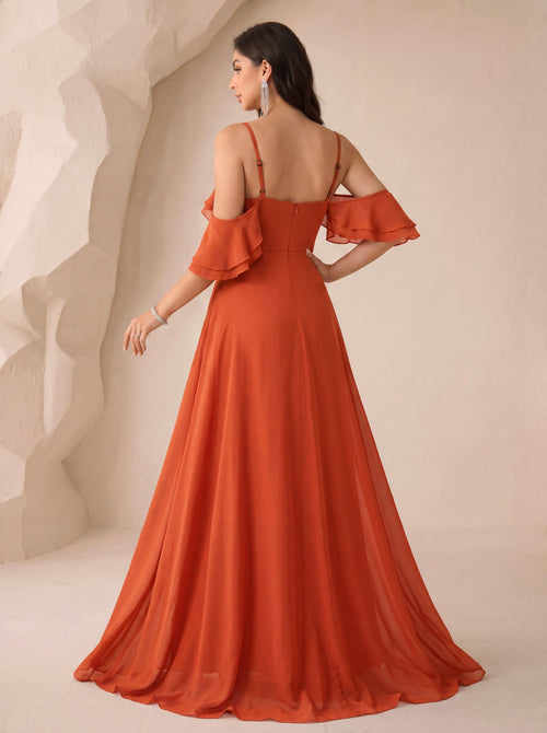 Chiffon Sweetheart Cold Shoulder Flutter Sleeve Empire Waist A-Line Floor-Length Bridesmaid Dress with High Slit XU00180 - Burnt Orange Back View