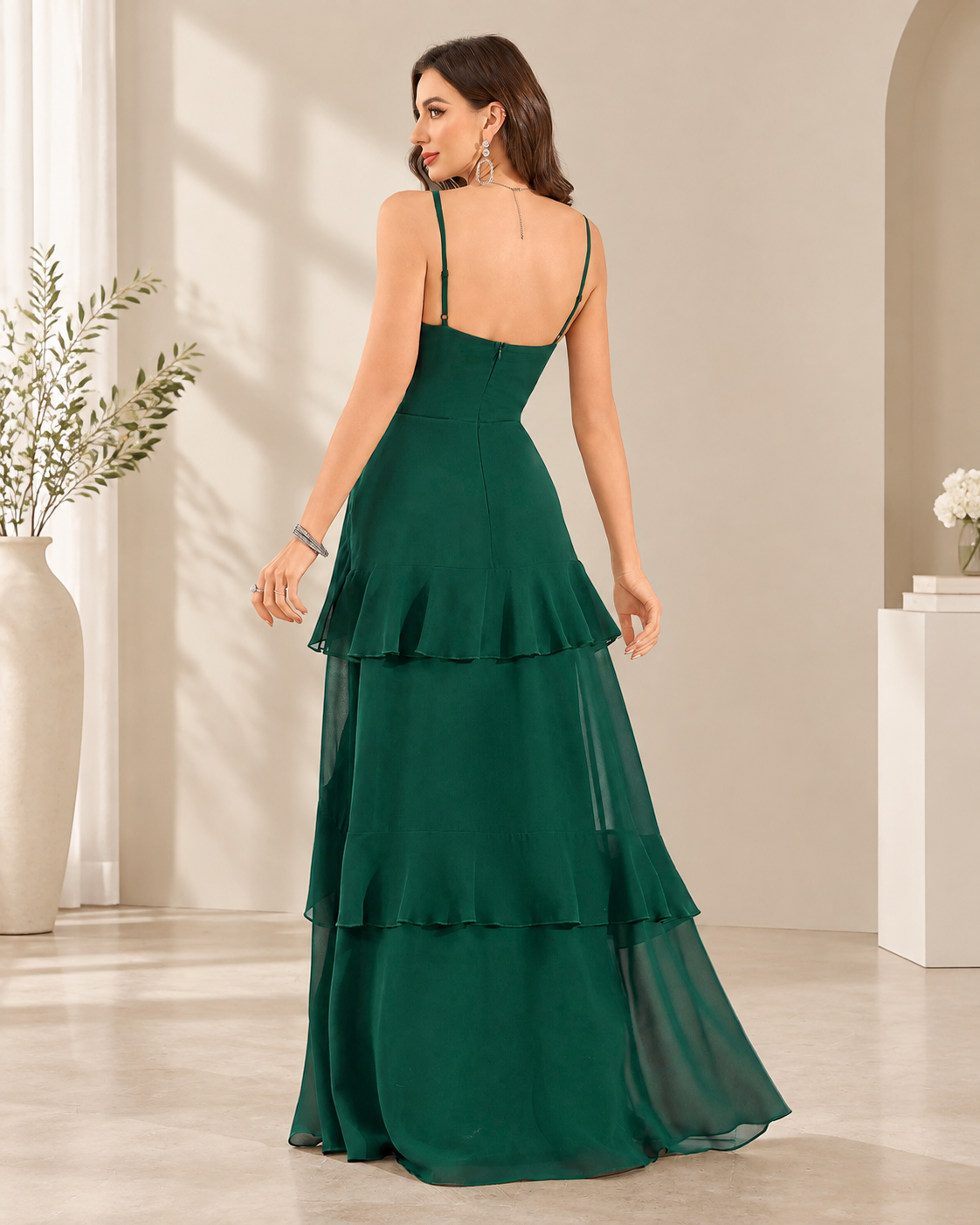 Chiffon Sweetheart Spaghetti Strap Tiered Ruffle Floor-Length Bridesmaid Dress with High Slit XU00178 - Hunter Green Back View