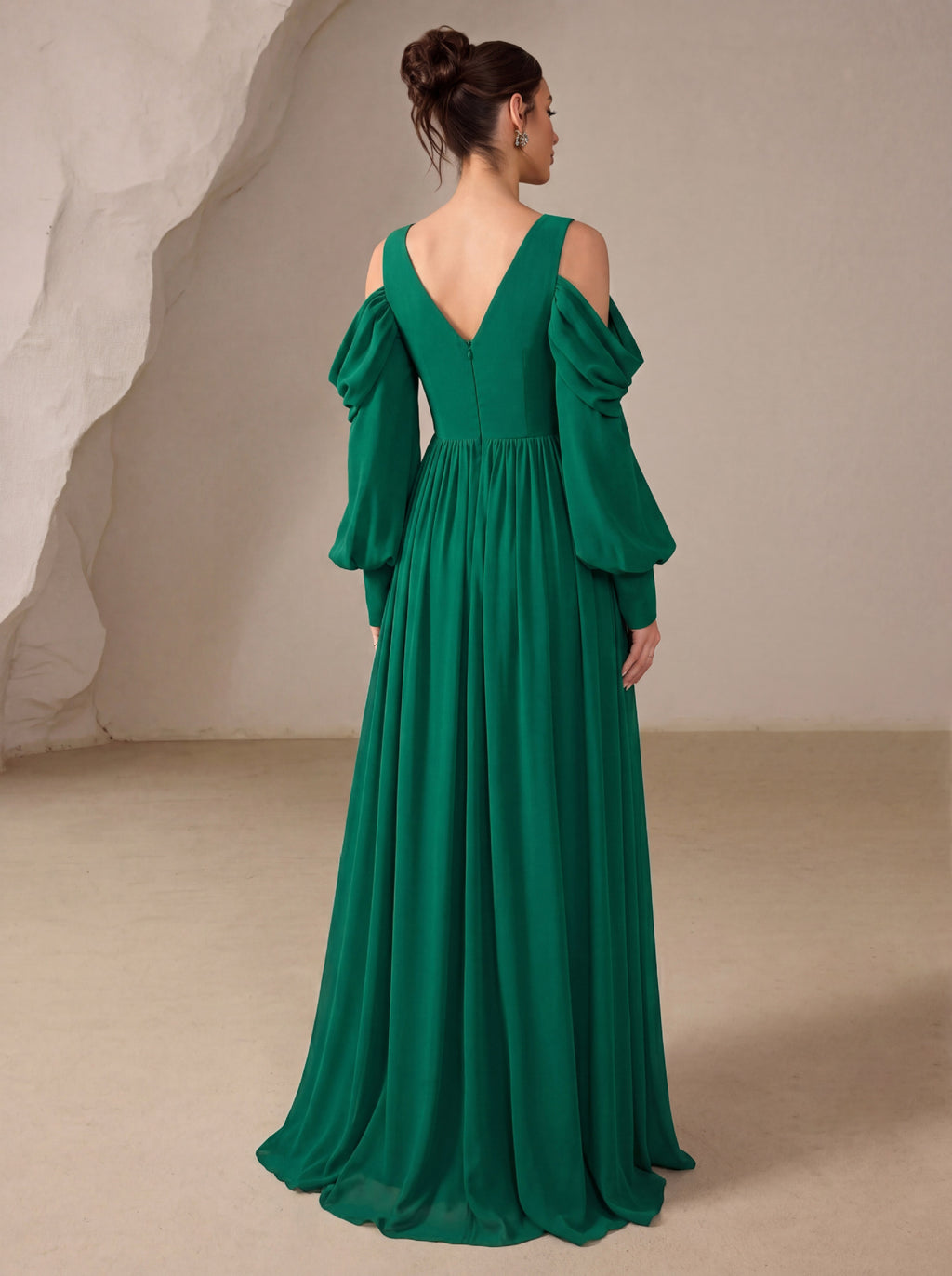 Chiffon V-Neck Cold Shoulder Long Bishop Sleeve Empire Waist A-Line Floor-Length Bridesmaid Dress with High Slit XU00179 - Emerald Back View