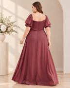 Plus Size Chiffon Sweetheart Puff Sleeve Empire Waist A-Line Gown with High Slit XU00174 - Dusty Rose Back View
