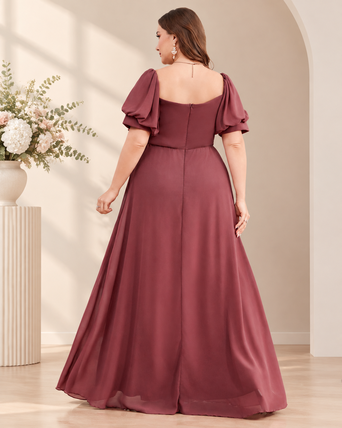 Plus Size Chiffon Sweetheart Puff Sleeve Empire Waist A-Line Gown with High Slit XU00174 - Dusty Rose Back View