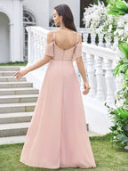 Chiffon Off-Shoulder Flutter Sleeve Empire Waist Ruffle A-Line Floor-Length Bridesmaid Dress with High Slit XU00181 - Blushing Pink Back View