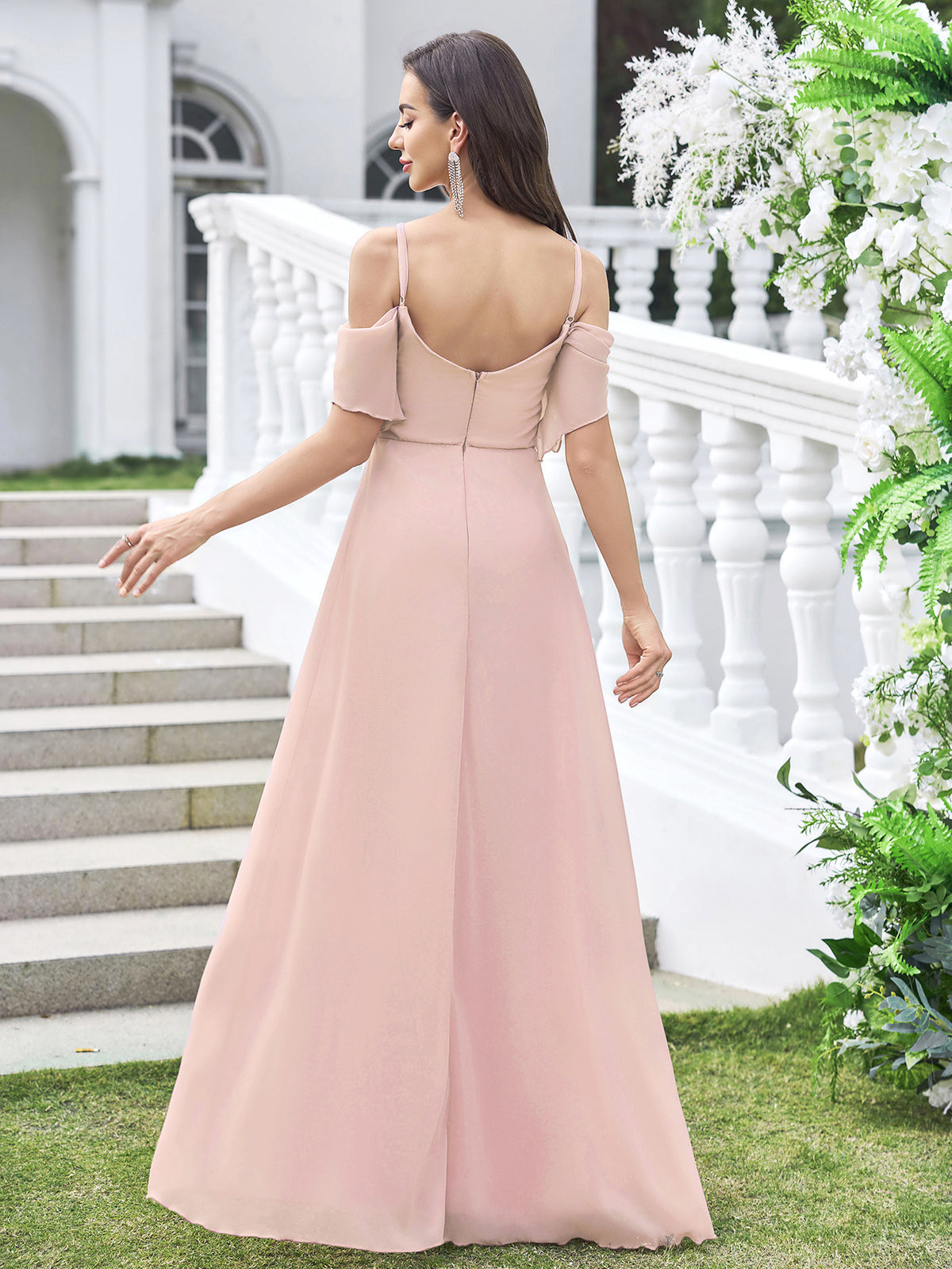 Chiffon Off-Shoulder Flutter Sleeve Empire Waist Ruffle A-Line Floor-Length Bridesmaid Dress with High Slit XU00181 - Blushing Pink Back View