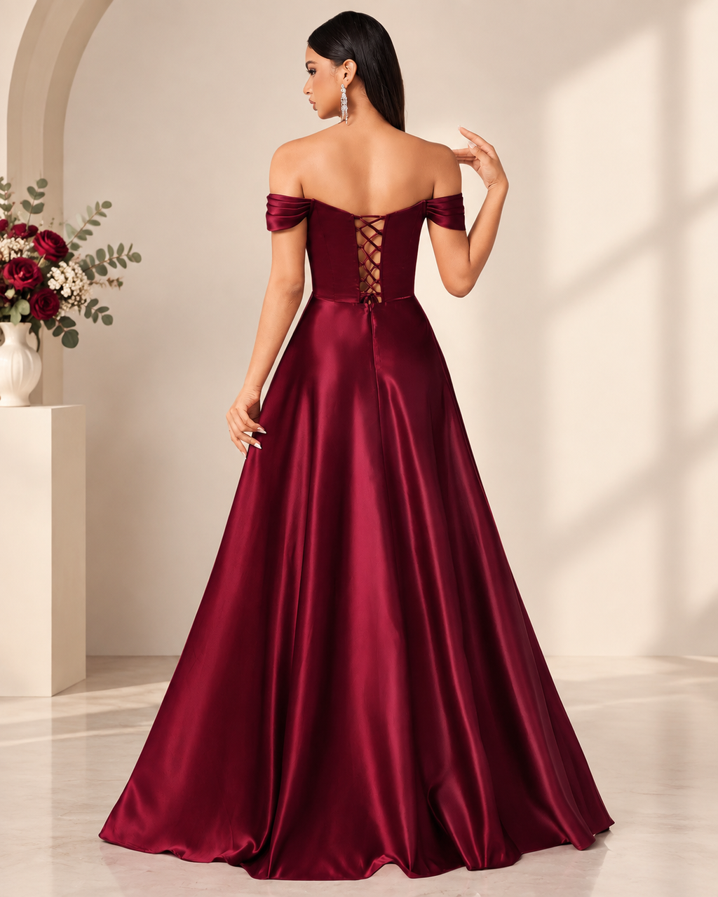 Satin Off-Shoulder Sweetheart Drape Lace-Up A-Line Gown XU00171 - Burgundy Back View